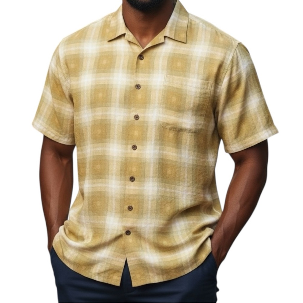 Tommy Bahama 100% Silk Camp Shirt Polo Yellow Beige Plaid Short Sleeve Button L